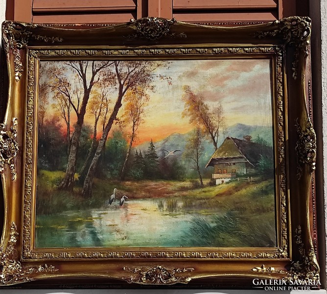 Huge painting, landscape with beautiful colors, storks, hercegfalvy m.