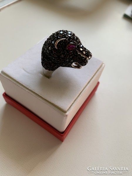 Fekete kristály párduc ezüst gyűrű