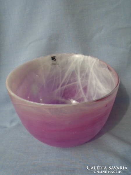 SKANDINÁV üveg asztalközép, kínáló, hibatlan cca 2 literes lilás pinkes színben 15 x 17 cm igen nagy