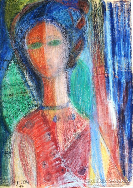 József Árvay (1932- ): girl with green eyes, 1977 - pastel picture, framed
