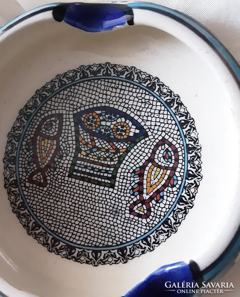 Arab kézműves kerámia hamutál, kézzel festett, halas mintás, eredeti, hibátlan