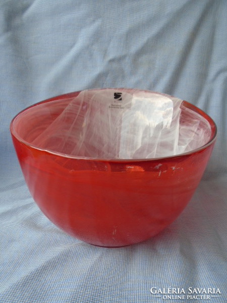 SKANDINÁV üveg asztalközép, kínáló, hibatlan cca 2 literes bordós piros színben 15 x 17 cm igen nagy