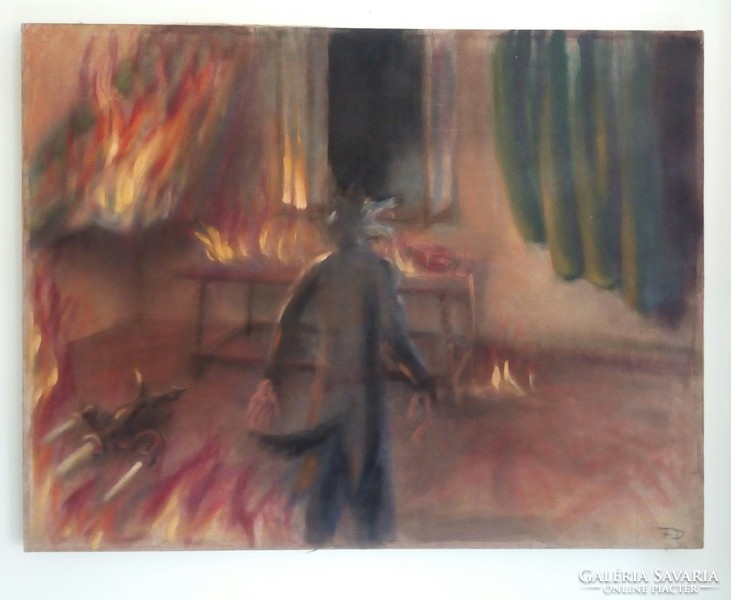 The house is burning, oil painting