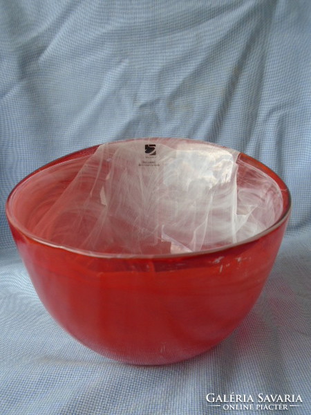 SKANDINÁV üveg asztalközép, kínáló, hibatlan cca 2 literes bordós piros színben 15 x 17 cm igen nagy