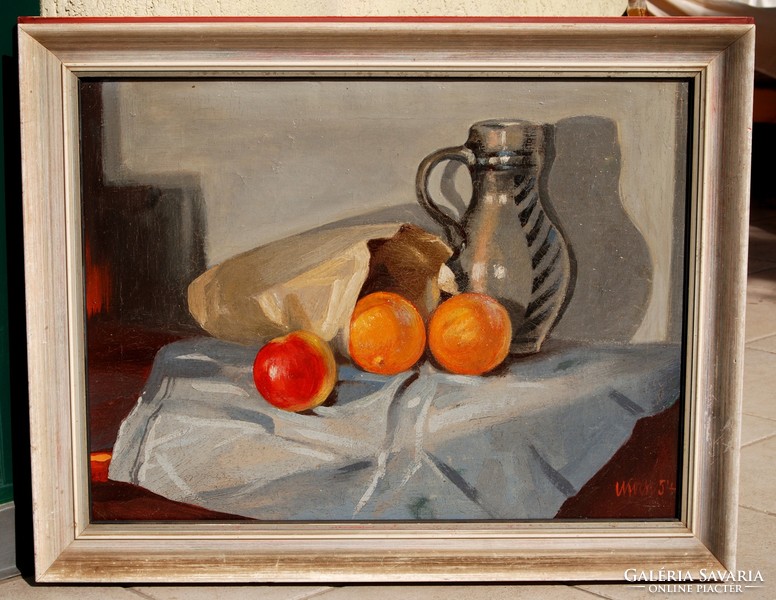 Koch: orange still life, 1954 - oil on canvas painting, framed