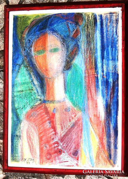 Árvay József (1932- ): Zöldszemű lány, 1977 - pasztellkép, keretezve