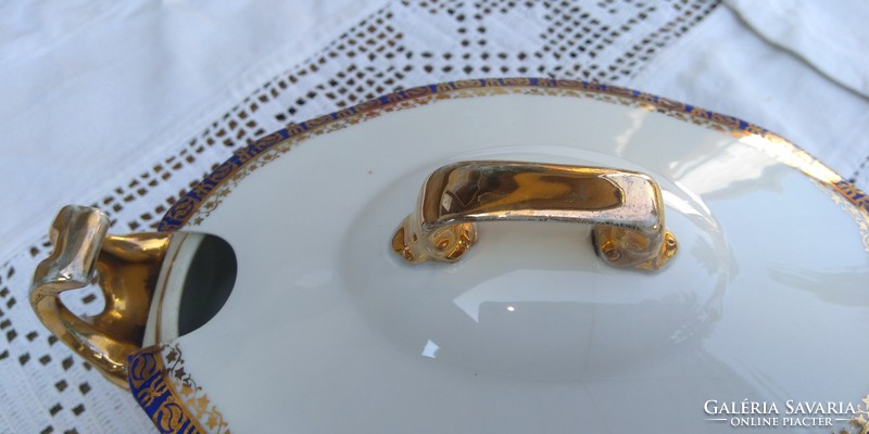 Antik kobaltkék-arany díszítésű gyönyörű porcelán szószos tál, fedővel
