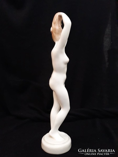 Budapest aquincum, naked female nude adjusting her hair, marked porcelain nipple, sculpture 26cm