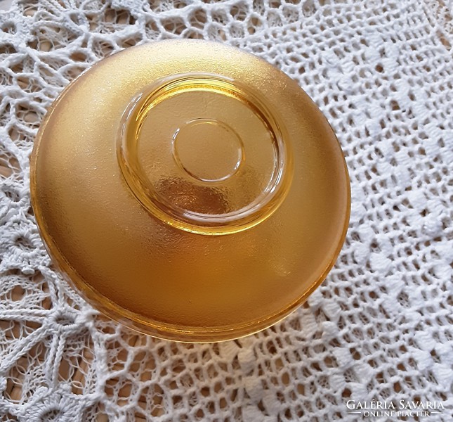 Antik cseh üveg art deco borostyán-sárga, méz-sárga bonbonier, gyűrűtartó, ékszertartó, hibátlan