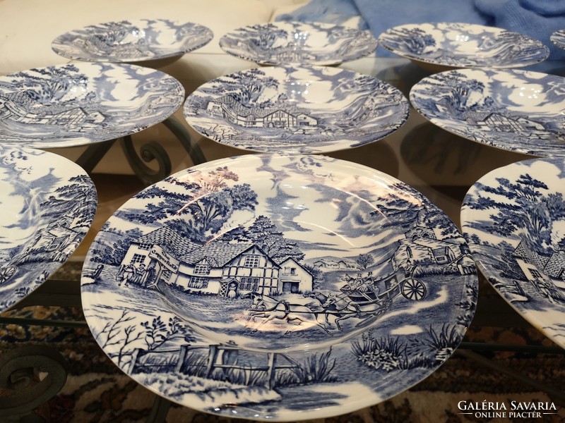 14 blue-white, French, large plates with rural scenes, 23 cm