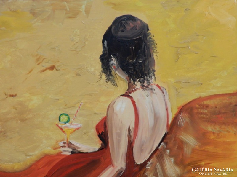 Boros Adél : Lány koktélos pohárral, olajfestmény