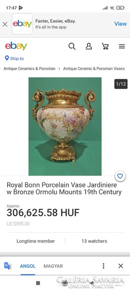 Antik luxus aranyozott figurális angyalkàs fém szerelékes porcelán díszvàza. Jelzett belül!