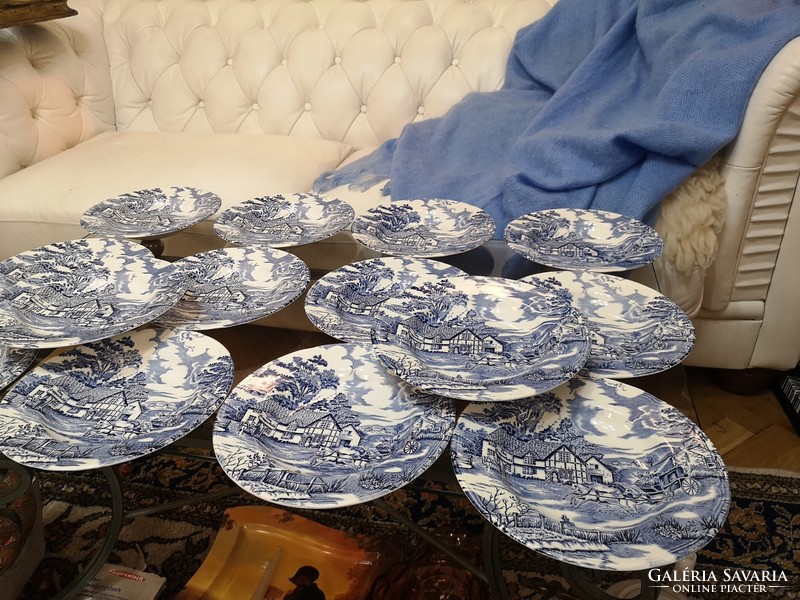 14 blue-white, French, large plates with rural scenes, 23 cm