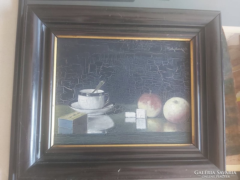 PÁDLY ALADÁR: Csendélet, 1913 (századfordulós olajfestmény 24x30 cm) kávés csésze, XX. század eleje