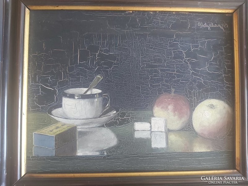 PÁDLY ALADÁR: Csendélet, 1913 (századfordulós olajfestmény 24x30 cm) kávés csésze, XX. század eleje