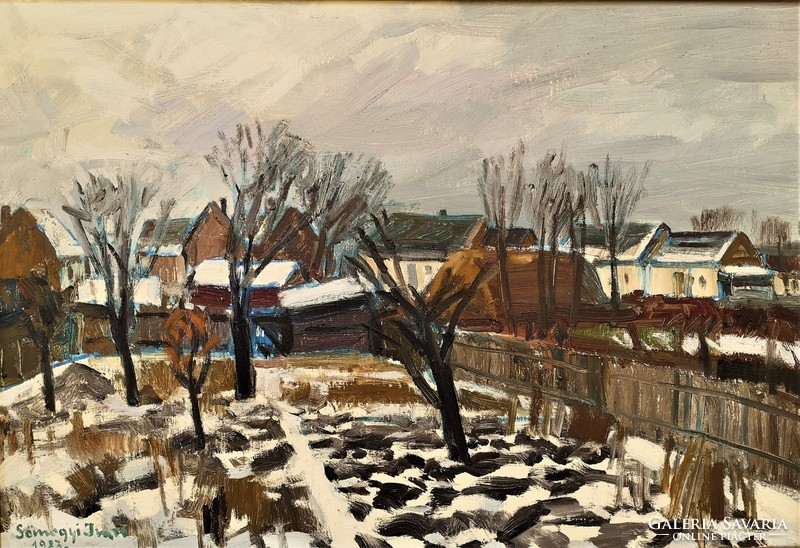 Somogyi Imre (1918 - 1999) Hófoltos kert c .Képcsarnokos festmény 87x62cm EREDETI GARANCIÁVAL
