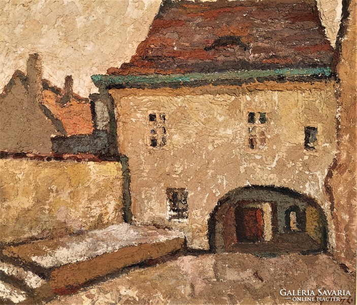 Gyelmis Lukács János (1899 - 1979) Udvar a Várban Képcsarnokos festmény 86x76cm EREDETI GARANCIÁVAL