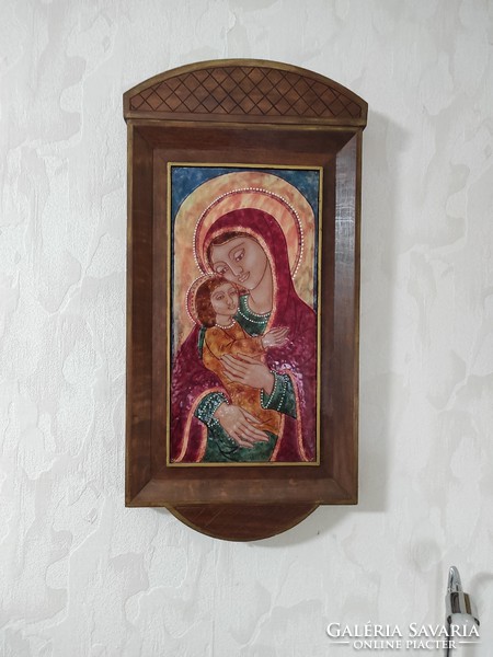 Jelzett művészi Zománc kép tűzzománc. Mária a kis Jézussal. Ikon.