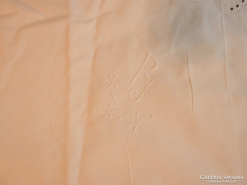 Antique p j monogrammed madeira lace white linen pillowcase - large pillowcase