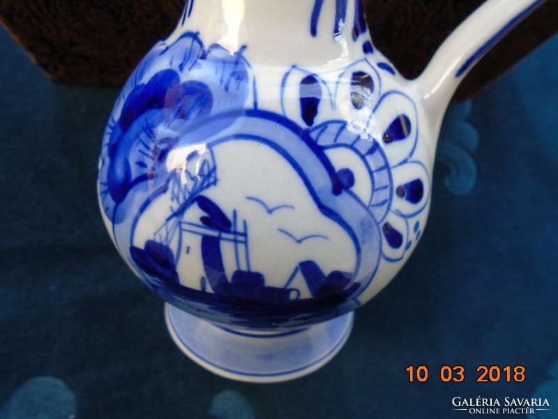 Classic cobalt blue white delft hand painted decorative pitcher with windmill and flower pattern