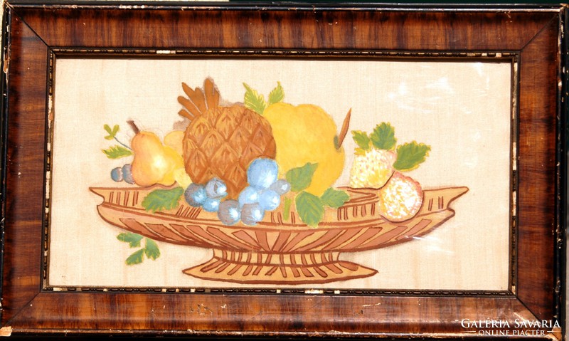 Csendélet gyümölcsökkel, Kassa - antik selyemfestmény, eredeti keretezésben