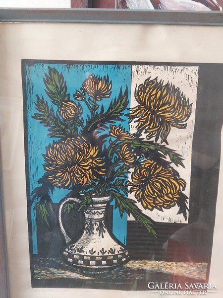 Éva Krajcsovics: chrysanthemums (linocut, 1983, full size 66x52) still life, flower in a vase