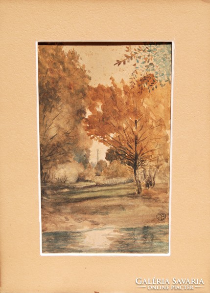 M. B.: Őszi hangulat vízparton - régi akvarell