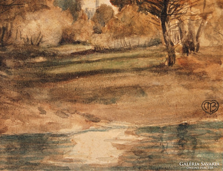 M. B.: Őszi hangulat vízparton - régi akvarell