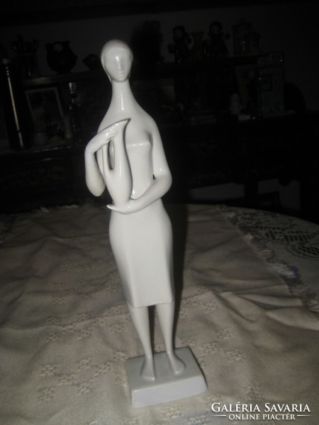 Designed by János Török: woman with pitcher, Zsolnay figure, 28 cm shield seal