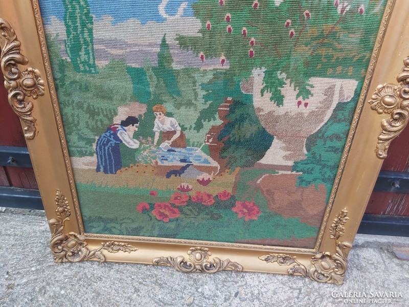 Blondel keretben Gyönyörű nagyméretű Gobelin Goblen  virágos jelenetes tájas Gyűjtői szépség