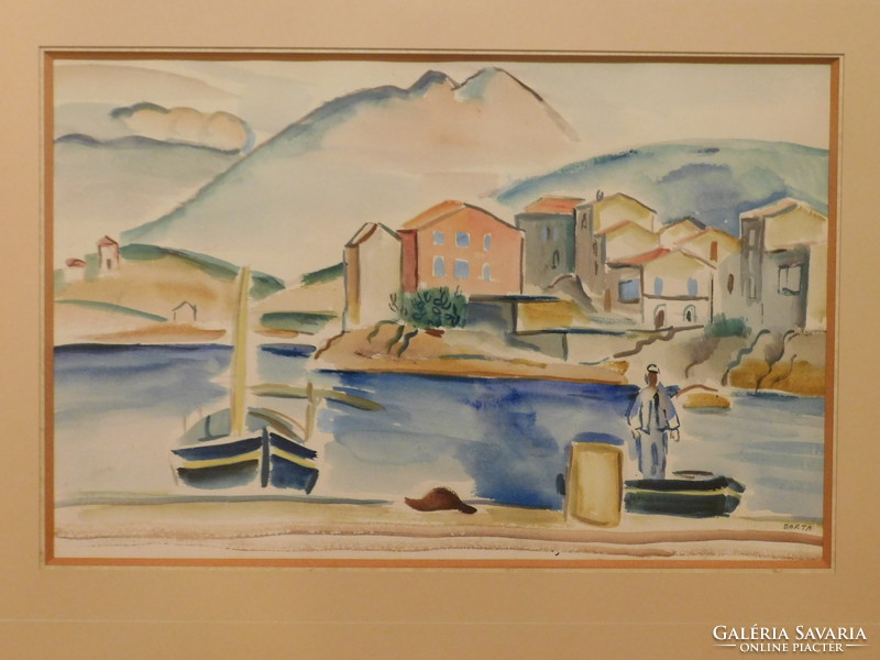 Barta László / Ladislas Barta (1902 - 1961) Mediterrán kikötő,Saint-Tropez-i kikötő,akvarell,papír