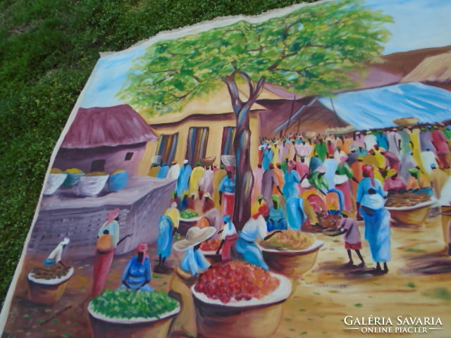 Modernista Afrika művészkirálya Hatalmas festmény vászon 220 x 128 cm PIACI FERGETEG