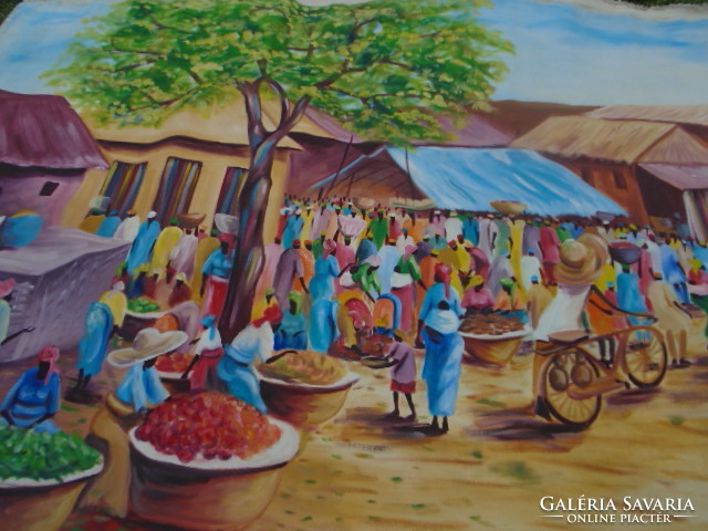 Modernista Afrika művészkirálya Hatalmas festmény vászon 220 x 128 cm PIACI FERGETEG