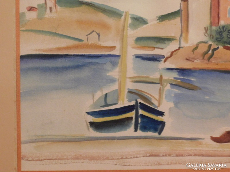Barta László / Ladislas Barta (1902 - 1961) Mediterrán kikötő,Saint-Tropez-i kikötő,akvarell,papír