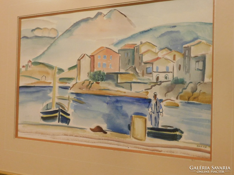 László Barta / Ladislas Barta (1902 - 1961) Mediterranean port, Saint-Tropez port, watercolour, paper