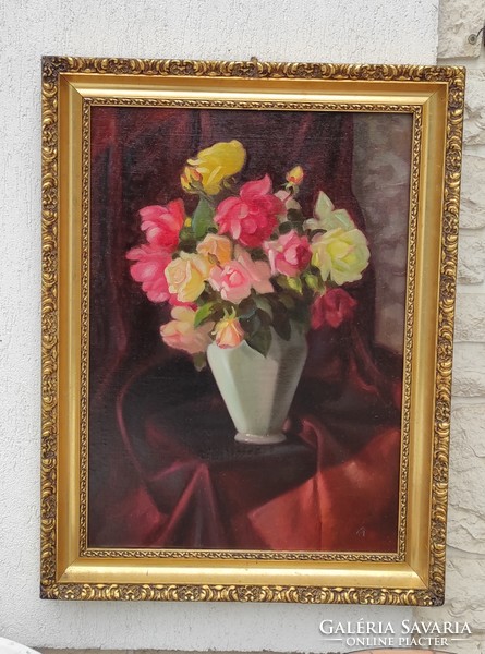 Rose table flower still life, in a beautiful gold frame! Cleaned, old canvas painting. I discounted it