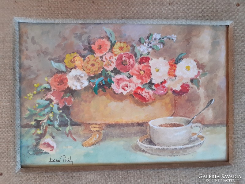 Mara Pecič: Virágcsendélet csėsze kávéval, eredeti jelzett akvarell