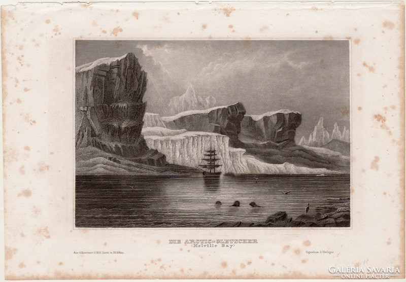 Északi - sarki gleccser, acélmetszet 1860, Meyers Universum, eredeti, 10 x 15, Melvilla Bay, arctic