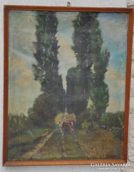 Landscape, road with trees, ox cart cozy painting!