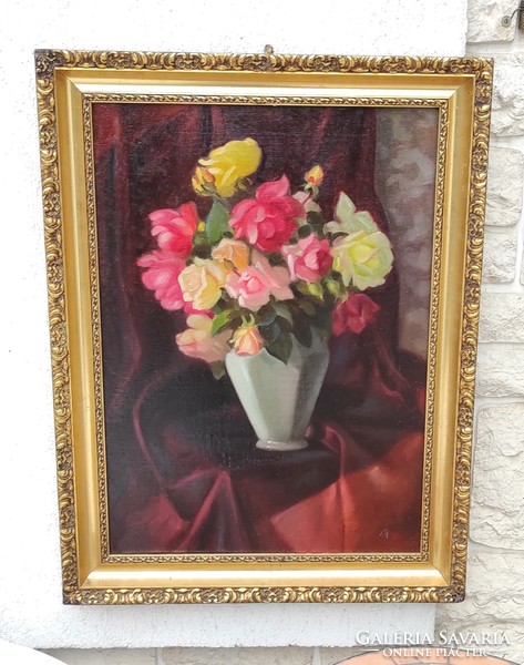 Rose table flower still life, in a beautiful gold frame! Cleaned, old canvas painting. I discounted it