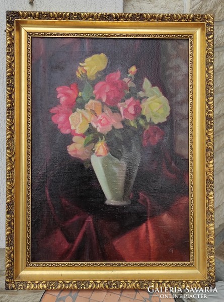 Rózsàs  asztali virág csendélet, szép arany keretben! Letisztított, régi vàszon festmény. Leáraztam