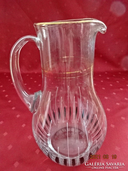 Glass jug with gold border and black / white hand painted pattern. Height is 23 cm! Jókai.
