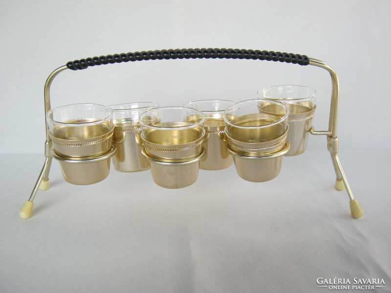 Retro set of 6 brandy liqueur glasses on a metal stand