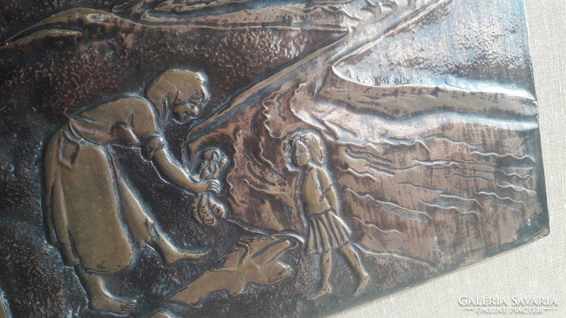 TÁBOROZÓ CIGÁNYOK (bronz dombormű, relief, plakett) roma életkép, emberek a természetben