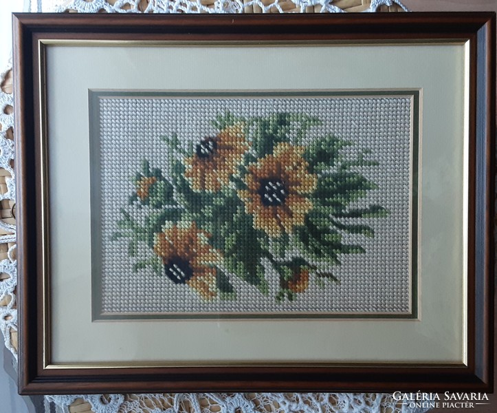Antique tapestry, tapestry, cozy floral still life, glazed, beautiful wooden frame, flawless