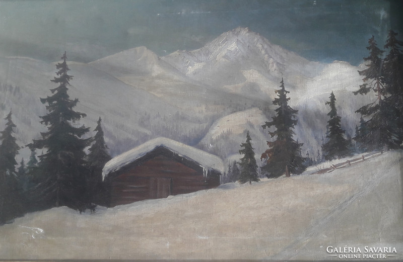M. KISTLER: Havas csúcsok (olaj-vászon 85x54 cm) téli tájkép házikóval, fenyők a hegyekben