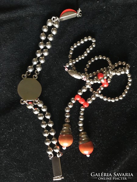 Art-deco necklace and bracelet together /contemporary/from the 1920s-30s-chrome steel, with vinyl/galalith?