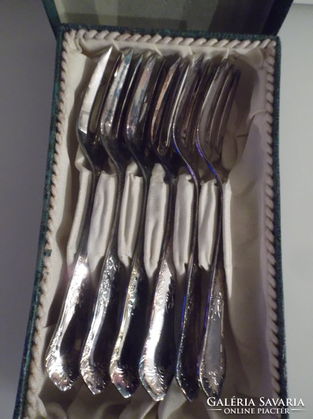 Cutlery - 6 pcs - silver-plated - marked - antique - Austrian - cookie fork - 14.5 x 2 cm - in box