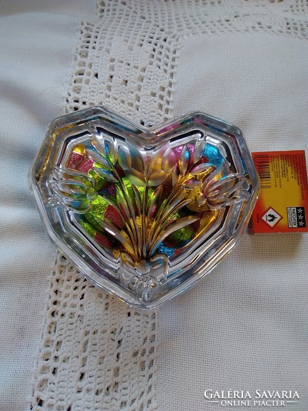 Nagyon régi szív alakú tulipán csokros gyűrűtartó-bonbonier átlátszó üvegből. 