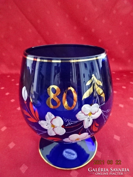 Cobalt blue bottle, bohemian cocktail glass, 80th birthday. He has!